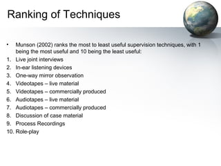Ranking of Techniques
• Munson (2002) ranks the most to least useful supervision techniques, with 1
being the most useful and 10 being the least useful:
1. Live joint interviews
2. In-ear listening devices
3. One-way mirror observation
4. Videotapes – live material
5. Videotapes – commercially produced
6. Audiotapes – live material
7. Audiotapes – commercially produced
8. Discussion of case material
9. Process Recordings
10. Role-play
 