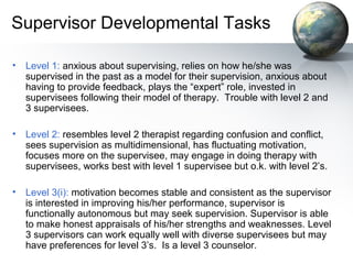 Supervisor Developmental Tasks
• Level 1: anxious about supervising, relies on how he/she was
supervised in the past as a model for their supervision, anxious about
having to provide feedback, plays the “expert” role, invested in
supervisees following their model of therapy. Trouble with level 2 and
3 supervisees.
• Level 2: resembles level 2 therapist regarding confusion and conflict,
sees supervision as multidimensional, has fluctuating motivation,
focuses more on the supervisee, may engage in doing therapy with
supervisees, works best with level 1 supervisee but o.k. with level 2’s.
• Level 3(i): motivation becomes stable and consistent as the supervisor
is interested in improving his/her performance, supervisor is
functionally autonomous but may seek supervision. Supervisor is able
to make honest appraisals of his/her strengths and weaknesses. Level
3 supervisors can work equally well with diverse supervisees but may
have preferences for level 3’s. Is a level 3 counselor.
 