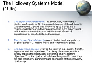 The Holloway Systems Model
(1995)
1. The Supervisory Relationship. The Supervisory relationship is
divided into 3 sections: 1) interpersonal structure of the relationship
(the dimensions of power and involvement); 2) phases of the
relationship (relationship development specific to the supervisees);
and 3) supervisory contract (the establishment of a set of
expectations for specific tasks and functions).
2. The phases of the relationship are subdivided into three parts: 1)
beginning phase; 2) mature phase; and 3) terminating phase.
3. The supervisory contract involves the clarity of expectations from the
supervisor and the supervisee. The clarity of these expectations
directly impacts the supervisory relationship and the learning
objectives. Thus the dyad is not only identifying specific tasks, they
are also defining the parameters and boundaries of the supervisory
relationship
 