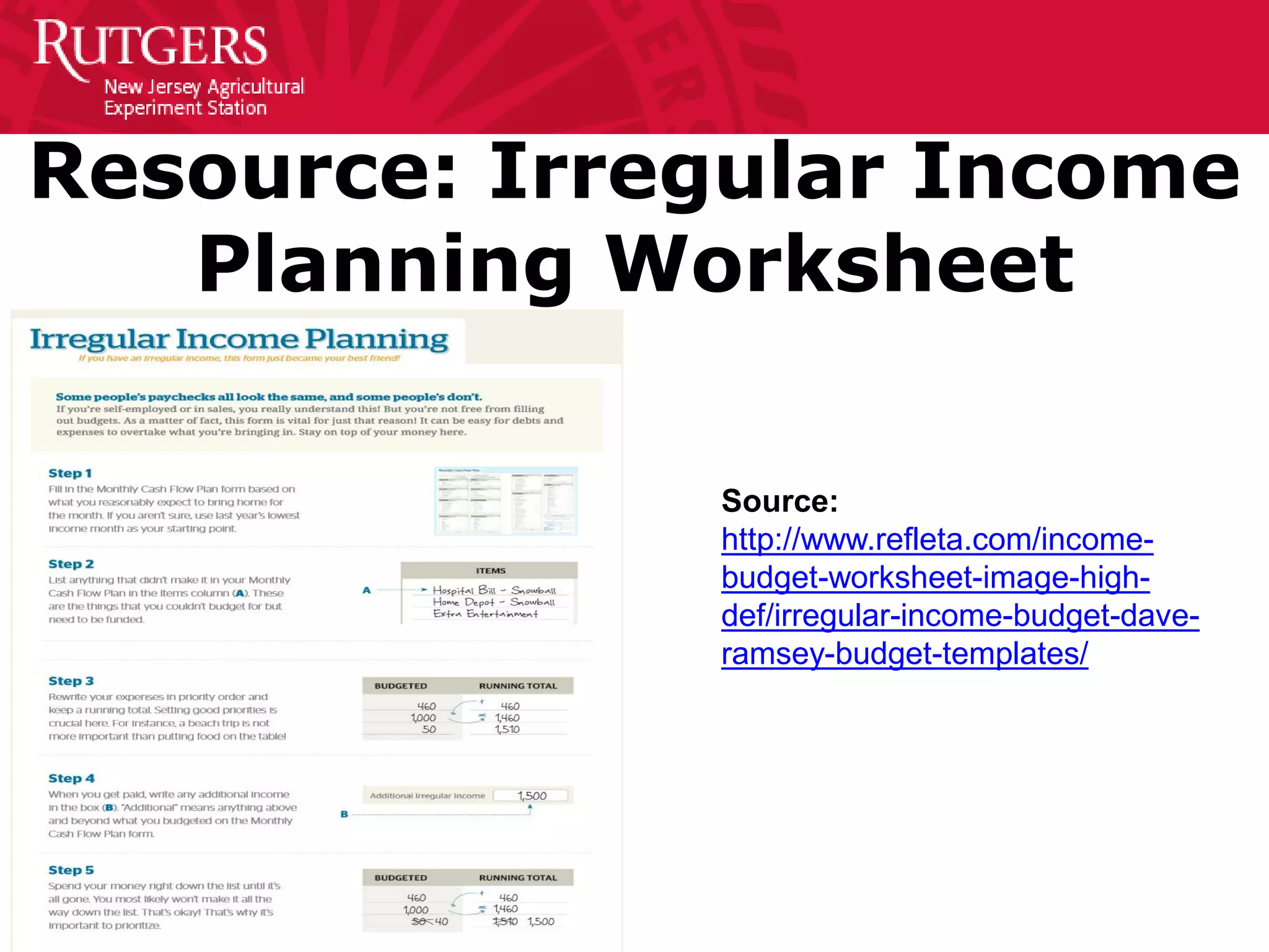 Resource: Irregular Income
Planning Worksheet
Source:
http://www.refleta.com/income-
budget-worksheet-image-high-
def/irregular-income-budget-dave-
ramsey-budget-templates/
 