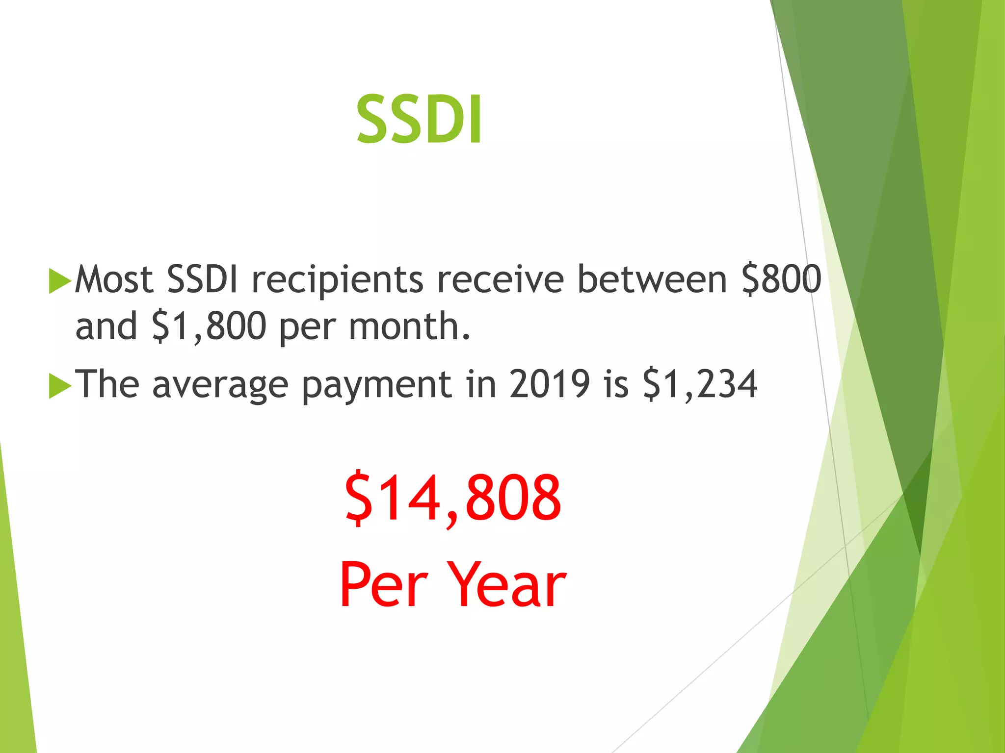 SSDI
Most SSDI recipients receive between $800
and $1,800 per month.
The average payment in 2019 is $1,234
$14,808
Per Year
 