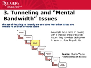 3. Tunneling and “Mental
Bandwidth” Issues
Source: Shawn Young,
Financial Health Institute
As people focus more on dealing
with a financial crisis or scarcity
issues, they have less brainpower
to focus on other things in life.
 