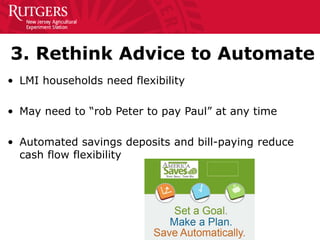 3. Rethink Advice to Automate
• LMI households need flexibility
• May need to “rob Peter to pay Paul” at any time
• Automated savings deposits and bill-paying reduce
cash flow flexibility
 