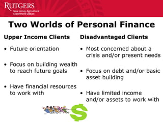 Two Worlds of Personal Finance
Upper Income Clients
• Future orientation
• Focus on building wealth
to reach future goals
• Have financial resources
to work with
Disadvantaged Clients
• Most concerned about a
crisis and/or present needs
• Focus on debt and/or basic
asset building
• Have limited income
and/or assets to work with
 