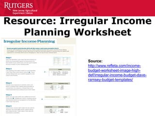 Resource: Irregular Income
Planning Worksheet
Source:
http://www.refleta.com/income-
budget-worksheet-image-high-
def/irregular-income-budget-dave-
ramsey-budget-templates/
 