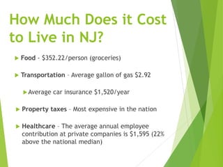 How Much Does it Cost
to Live in NJ?
 Food - $352.22/person (groceries)
 Transportation – Average gallon of gas $2.92
Average car insurance $1,520/year
 Property taxes – Most expensive in the nation
 Healthcare – The average annual employee
contribution at private companies is $1,595 (22%
above the national median)
 
