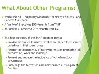 What About Other Programs?
 Work First NJ – Temporary Assistance for Needy Families ( and
General Assistance
 A family of 3 receives $559/month from TANF
 An individual received $185/month from GA
 The four purposes of the TANF program are to:
 Provide assistance to needy families so that children can be
cared for in their own homes
 Reduce the dependency of needy parents by promoting job
preparation, work and marriage
 Prevent and reduce the incidence of out-of-wedlock
pregnancies
 Encourage the formation and maintenance of two-parent
families
 