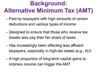 Background:
Alternative Minimum Tax (AMT)
– Paid by taxpayers with high amounts of certain
deductions and various types of income
– Designed to ensure that those who receive tax
breaks also pay their fair share of taxes
– Has increasingly been affecting less affluent
taxpayers, especially in high-tax states (e.g., NJ)
– A high proportion of long-term capital gains to
ordinary income can trigger the AMT
 
