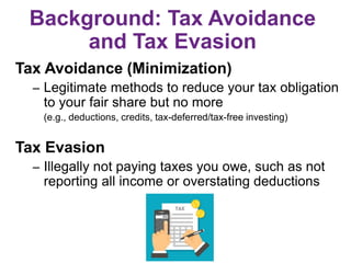 Background: Tax Avoidance
and Tax Evasion
Tax Avoidance (Minimization)
– Legitimate methods to reduce your tax obligation
to your fair share but no more
(e.g., deductions, credits, tax-deferred/tax-free investing)
Tax Evasion
– Illegally not paying taxes you owe, such as not
reporting all income or overstating deductions
 