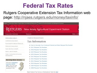 Federal Tax Rates
Rutgers Cooperative Extension Tax Information web
page: http://njaes.rutgers.edu/money/taxinfo/
 