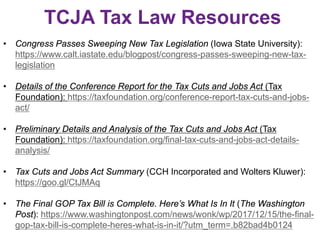 TCJA Tax Law Resources
• Congress Passes Sweeping New Tax Legislation (Iowa State University):
https://www.calt.iastate.edu/blogpost/congress-passes-sweeping-new-tax-
legislation
• Details of the Conference Report for the Tax Cuts and Jobs Act (Tax
Foundation): https://taxfoundation.org/conference-report-tax-cuts-and-jobs-
act/
• Preliminary Details and Analysis of the Tax Cuts and Jobs Act (Tax
Foundation): https://taxfoundation.org/final-tax-cuts-and-jobs-act-details-
analysis/
• Tax Cuts and Jobs Act Summary (CCH Incorporated and Wolters Kluwer):
https://goo.gl/CtJMAq
• The Final GOP Tax Bill is Complete. Here’s What Is In It (The Washington
Post): https://www.washingtonpost.com/news/wonk/wp/2017/12/15/the-final-
gop-tax-bill-is-complete-heres-what-is-in-it/?utm_term=.b82bad4b0124
 