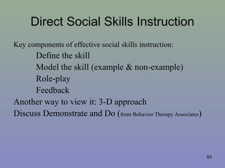 Direct Social Skills Instruction
Key components of effective social skills instruction:
Define the skill
Model the skill (example & non-example)
Role-play
Feedback
Another way to view it: 3-D approach
Discuss Demonstrate and Do (from Behavior Therapy Associates)
53
 