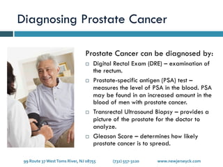 Diagnosing Prostate Cancer
Prostate Cancer can be diagnosed by:
¨  Digital Rectal Exam (DRE) – examination of
the rectum.
¨  Prostate-specific antigen (PSA) test –
measures the level of PSA in the blood. PSA
may be found in an increased amount in the
blood of men with prostate cancer.
¨  Transrectal Ultrasound Biopsy – provides a
picture of the prostate for the doctor to
analyze.
¨  Gleason Score – determines how likely
prostate cancer is to spread.
99	
  Route	
  37	
  West	
  Toms	
  River,	
  NJ	
  08755	
   	
   	
  (732)	
  557-­‐3120 	
   	
  www.newjerseyck.com	
  
 