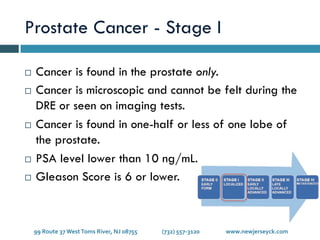 Prostate Cancer - Stage I
¨  Cancer is found in the prostate only.
¨  Cancer is microscopic and cannot be felt during the
DRE or seen on imaging tests.
¨  Cancer is found in one-half or less of one lobe of
the prostate.
¨  PSA level lower than 10 ng/mL.
¨  Gleason Score is 6 or lower.
99	
  Route	
  37	
  West	
  Toms	
  River,	
  NJ	
  08755	
   	
   	
  (732)	
  557-­‐3120 	
   	
  www.newjerseyck.com	
  
 