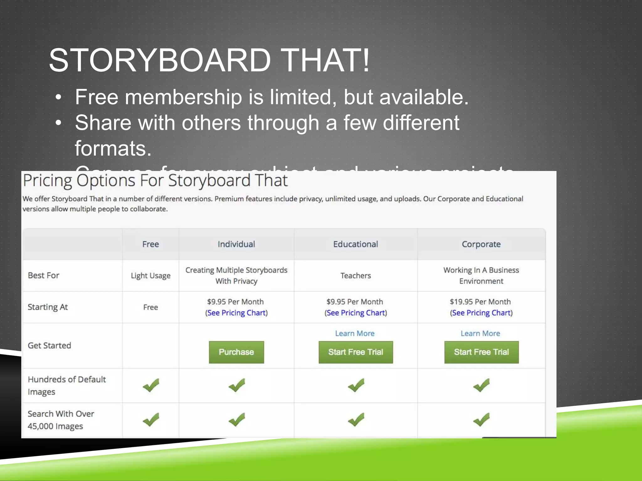 STORYBOARD THAT! 
• Free membership is limited, but available. 
• Share with others through a few different 
formats. 
• Can use for every subject and various projects. 
 