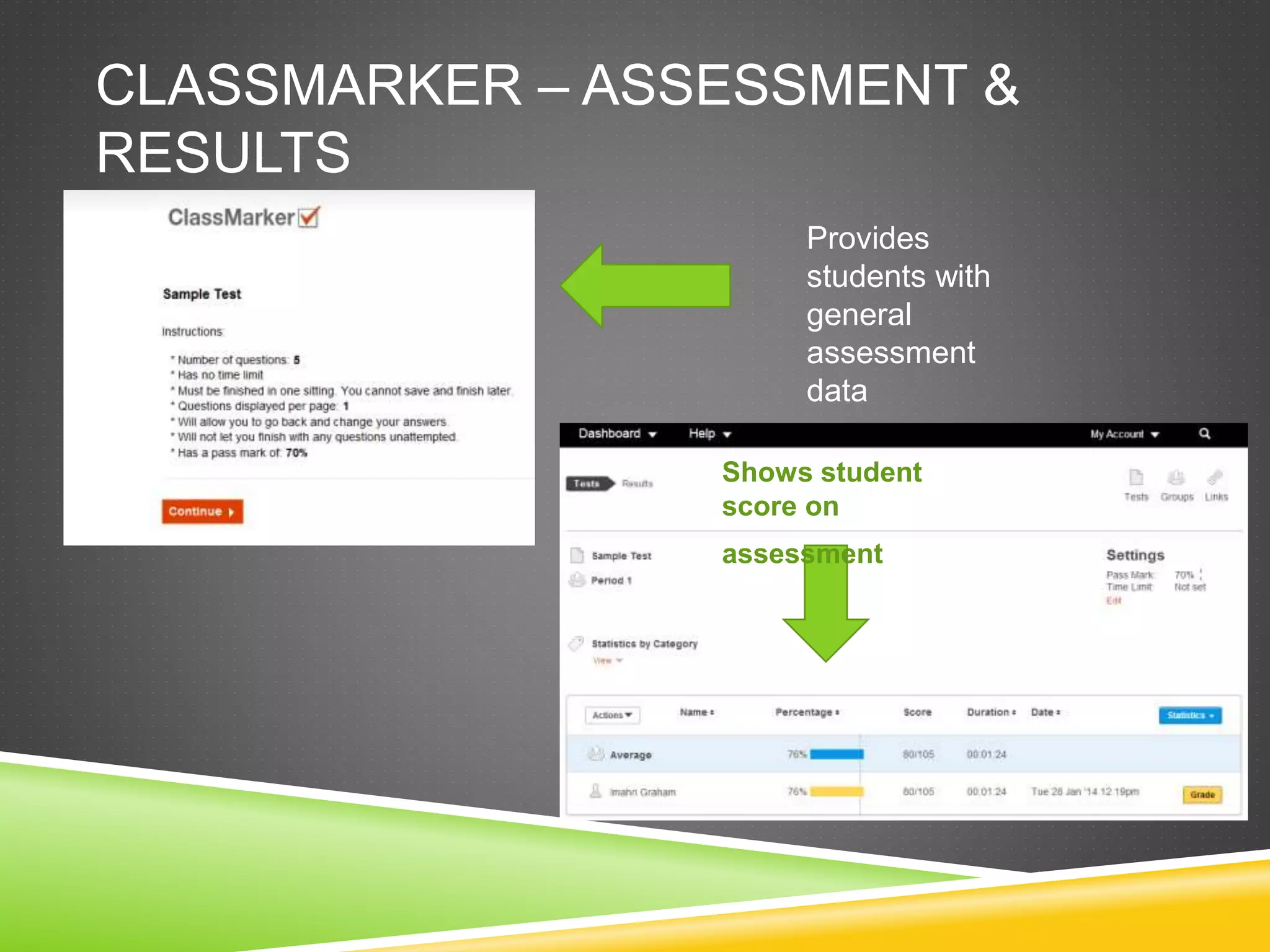 CLASSMARKER – ASSESSMENT & 
RESULTS 
Provides 
students with 
general 
assessment 
data 
Shows student 
score on 
assessment 
 