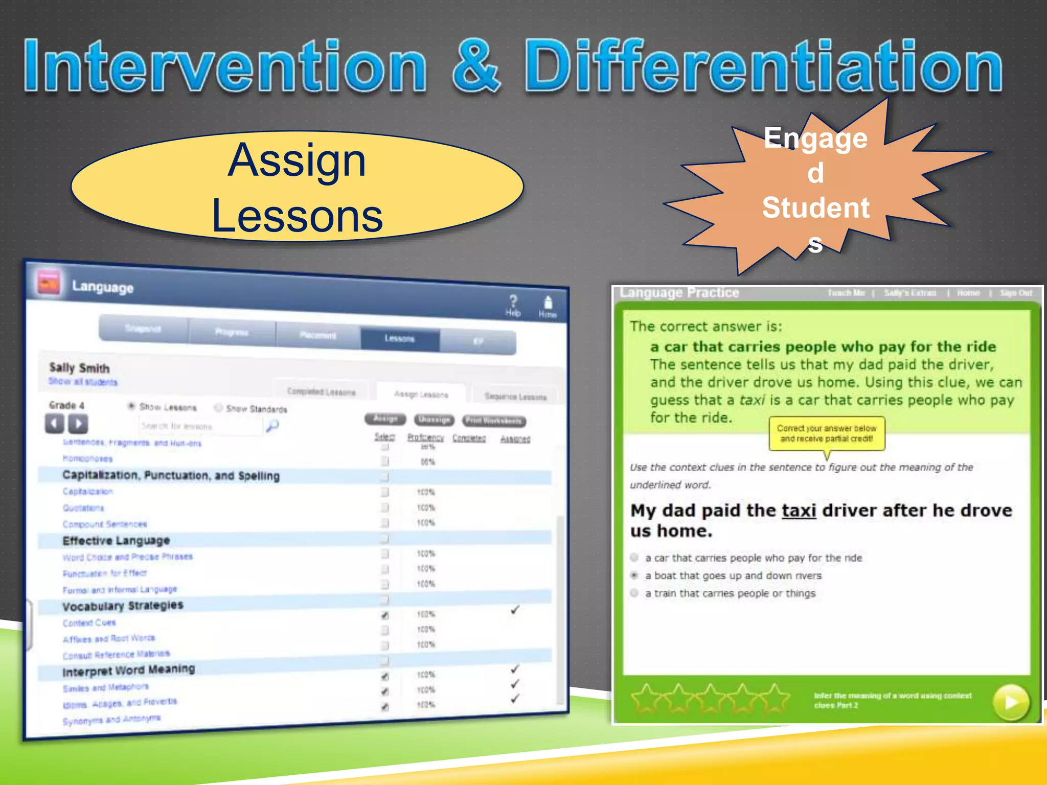 Assign 
Lessons 
Engage 
d 
Student 
s 
 