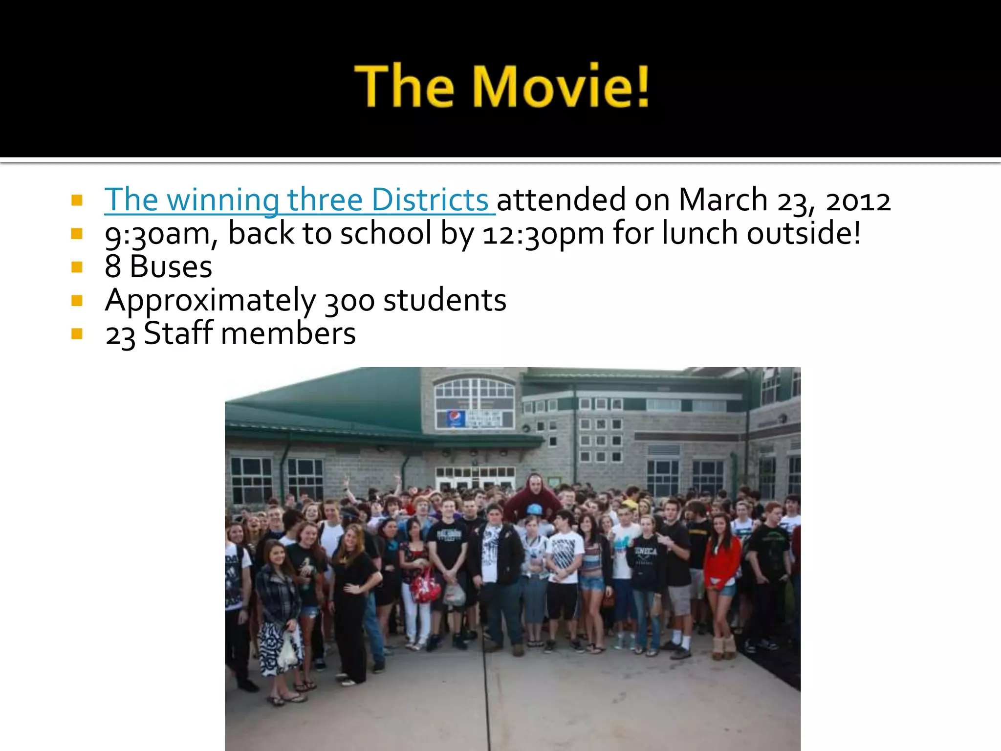  The winning three Districts attended on March 23, 2012
 9:30am, back to school by 12:30pm for lunch outside!
 8 Buses
 Approximately 300 students
 23 Staff members
 
