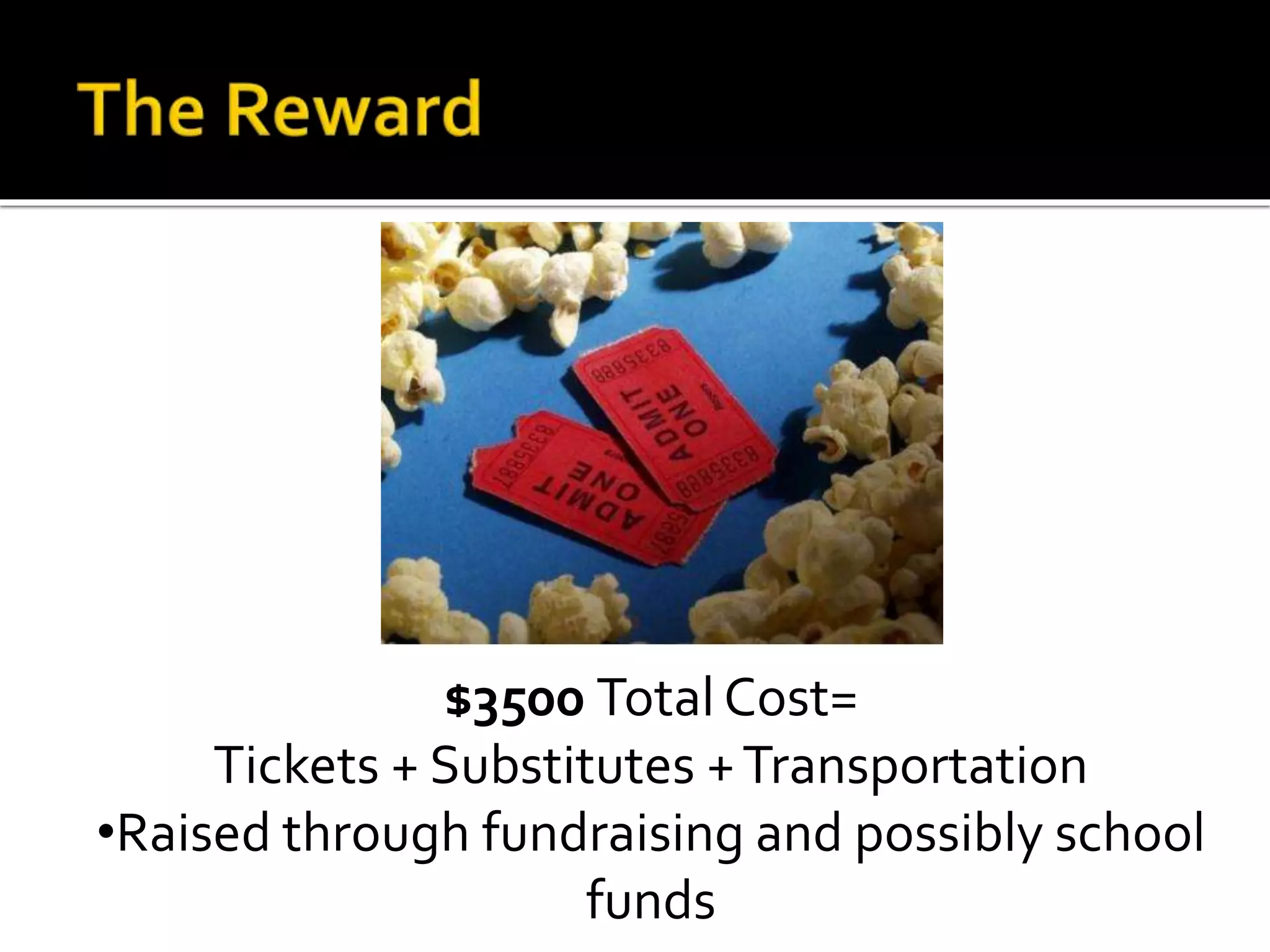 $3500 Total Cost=
Tickets + Substitutes +Transportation
•Raised through fundraising and possibly school
funds
 