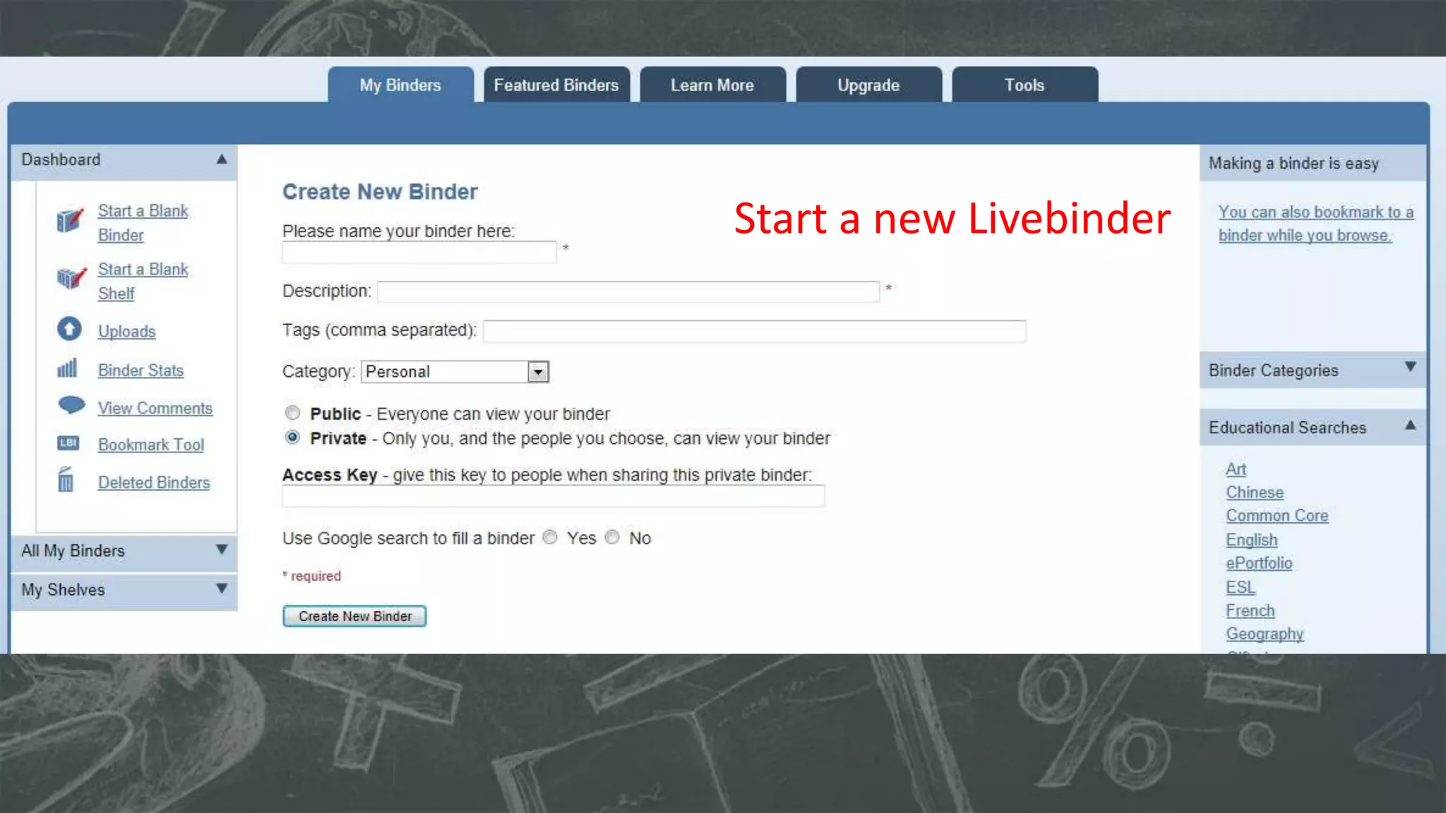 Start a new Livebinder

 