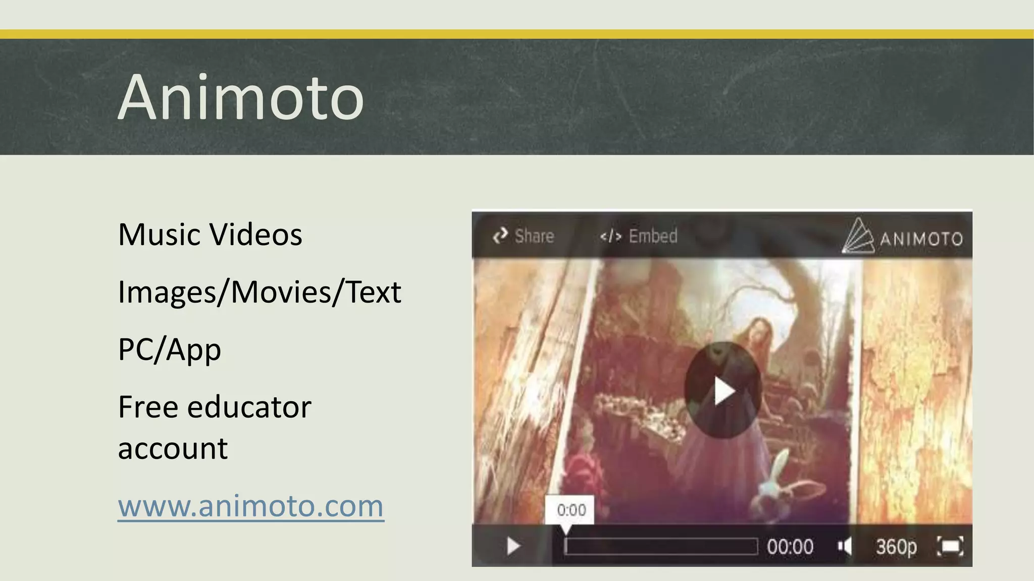 Animoto
Music Videos
Images/Movies/Text
PC/App
Free educator
account
www.animoto.com

 
