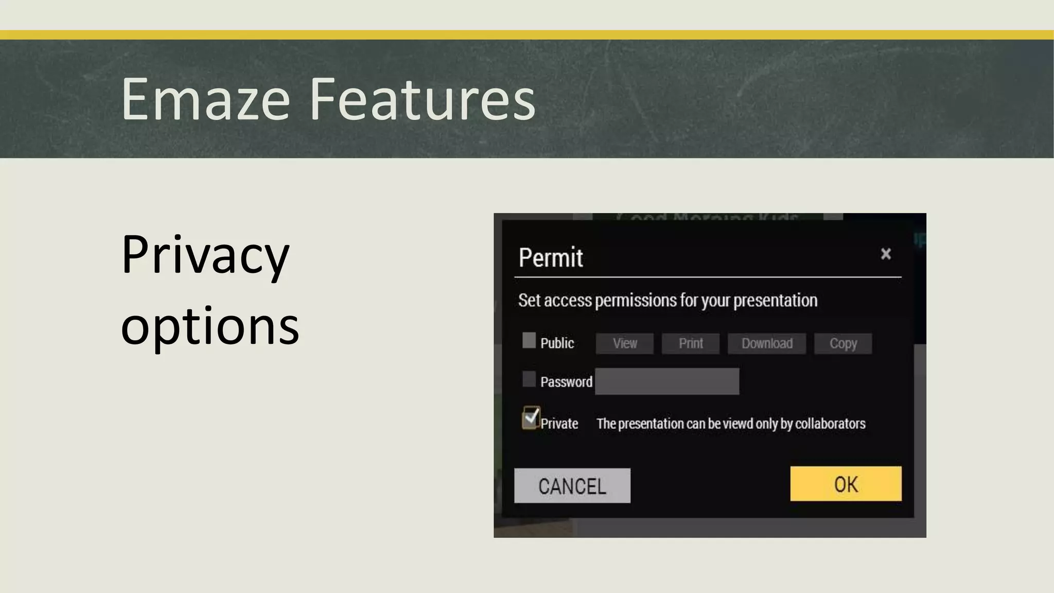 Emaze Features
Privacy
options

 