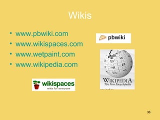 Wikis www.pbwiki.com www.wikispaces.com www.wetpaint.com www.wikipedia.com 
