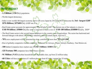 WHY INDIA?
- 1.3 Billion ( 130 Cr.) population.
- Worlds largest democracy.

- India is now worlds 4th largest economy and it will cross Japan by 2012 and 2014 to become the 3rd - largest GDP
  $576 Billion.( $57600 Cr.) (GDP rate 8%)
- Real Estate sector accounts for approximately 5% of India’s GDP. The current size of the industry is close to
  USD 50 billion ( $5000 Cr.) the same is expected to reach a size of USD 180 billion ($18000 Cr.) by 2020*
- The Real Estate sector is the second largest employer in the country, next to agriculture. The sector has backward and
  forward linkages with about 250 ancillary industries such as cement, brick, steel etc**

- 70% new employment will be generated in cities, contributing more than 70% of GDP
- Rise of globally competetive Indian companies: Reliance, Jet Airways, Wipro, Infosys, Ranbaxy, Tata Motors etc.

- 100 Indian Companies have market cap of US$ 1 billion ( $100 Cr.)

- 125 Fortune 500 companies have R&D bases in India

- 91 Million ( 9.1Cr.) urban households will be middle class, up from 22 million today

- 68 Cities will have population of 1 million plus, up from 42 today; europe has 35 today
 