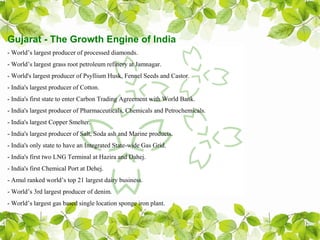 Gujarat - The Growth Engine of India
- World’s largest producer of processed diamonds.
- World’s largest grass root petroleum refinery at Jamnagar.
- World's largest producer of Psyllium Husk, Fennel Seeds and Castor.
- India's largest producer of Cotton.
- India's first state to enter Carbon Trading Agreement with World Bank.
- India's largest producer of Pharmaceuticals, Chemicals and Petrochemicals.
- India's largest Copper Smelter.
- India's largest producer of Salt, Soda ash and Marine products.
- India's only state to have an Integrated State-wide Gas Grid.
- India's first two LNG Terminal at Hazira and Dahej.
- India's first Chemical Port at Dehej.
- Amul ranked world’s top 21 largest dairy business.
- World’s 3rd largest producer of denim.
- World’s largest gas based single location sponge iron plant.
 