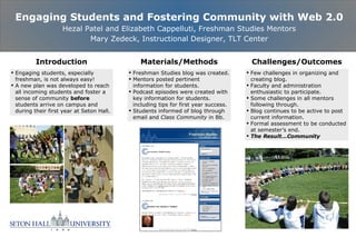 Engaging Students and Fostering Community with Web 2.0 Hezal Patel and Elizabeth Cappelluti, Freshman Studies Mentors Mary Zedeck, Instructional Designer, TLT Center Introduction ,[object Object],[object Object],[object Object],[object Object],[object Object],[object Object],[object Object],Materials/Methods Challenges/Outcomes ,[object Object],[object Object],[object Object],[object Object],[object Object],[object Object]