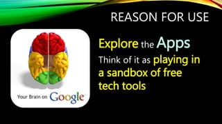 Explore the Apps
Think of it as playing in
a sandbox of free
tech tools
REASON FOR USE
 