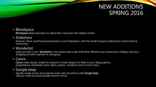 NEW ADDITIONS
SPRING 2016
• Blendspace
Blendspace allows educators to blend their classroom with digital content.
• Slideshare
Discover, Share, and Present presentations and infographics with the world’s largest professional content sharing
community.
• Wunderlist
Keep your life in sync. Wunderlist is the easiest way to get stuff done. Whether you’re planning a holiday, sharing a
shopping list with a partner or managing .
• Canva
Canva makes design simple for everyone. Create designs for Web or print: blog graphics,
presentations, Facebook covers, flyers, posters, invitations and so much more..
• Google keep
Quickly create, access and organize notes, lists and photos with Google Keep.
All your notes are automatically stored in Drive.
 