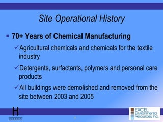 7
Site Operational History
 70+ Years of Chemical Manufacturing
Agricultural chemicals and chemicals for the textile
industry
Detergents, surfactants, polymers and personal care
products
All buildings were demolished and removed from the
site between 2003 and 2005
 