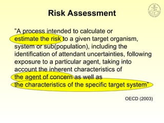 Risk Assessment
”A process intended to calculate or
estimate the risk to a given target organism,
system or sub(population), including the
identification of attendant uncertainties, following
exposure to a particular agent, taking into
account the inherent characteristics of
the agent of concern as well as
the characteristics of the specific target system”
OECD (2003)
 