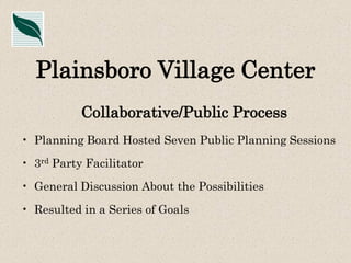 Plainsboro Village Center
Collaborative/Public Process
• Planning Board Hosted Seven Public Planning Sessions
• 3rd Party Facilitator
• General Discussion About the Possibilities
• Resulted in a Series of Goals

 