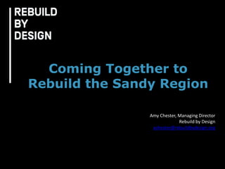 Coming Together to 
Rebuild the Sandy Region 
Amy Chester, Managing Director 
Rebuild by Design 
achester@rebuildbydesign.org 
 