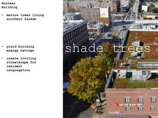 shade trees
Hostess
Building
• mature trees lining
southern facade
• yield building
energy savings
• create inviting
streetscape for
resident
congregation
 
