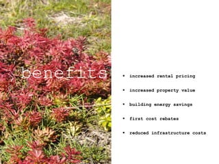  increased rental pricing
 increased property value
 building energy savings
 first cost rebates
 reduced infrastructure costs
benefits
 