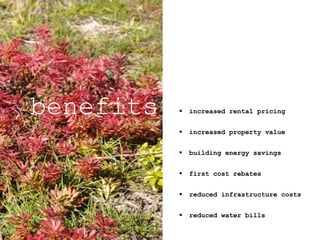 increased rental pricing
 increased property value
 building energy savings
 first cost rebates
 reduced infrastructure costs
 reduced water bills
benefits
 