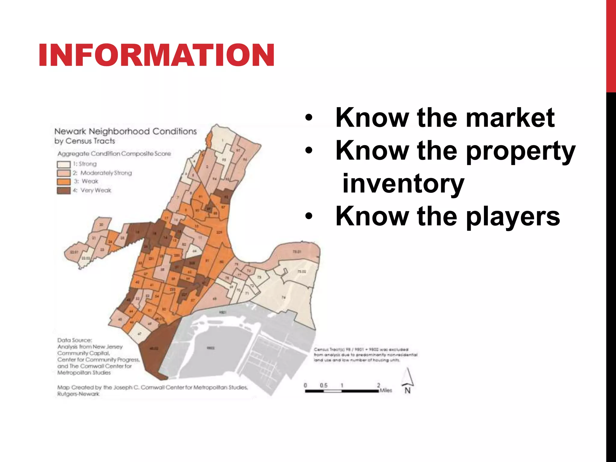 INFORMATION
• Know the market
• Know the property
inventory
• Know the players
 