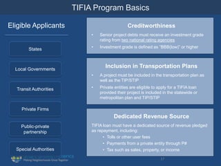 TIFIA Program Basics
States
Private Firms
Special Authorities
Local Governments
Transit Authorities
Public-private
partnership
Eligible Applicants Creditworthiness
• Senior project debts must receive an investment grade
rating from two national rating agencies
• Investment grade is defined as “BBB(low)” or higher
Inclusion in Transportation Plans
• A project must be included in the transportation plan as
well as the TIP/STIP
• Private entities are eligible to apply for a TIFIA loan
provided their project is included in the statewide or
metropolitan plan and TIP/STIP
Dedicated Revenue Source
TIFIA loan must have a dedicated source of revenue pledged
as repayment, including:
• Tolls or other user fees
• Payments from a private entity through P#
• Tax such as sales, property, or income
17
 