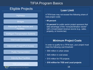 TIFIA Program Basics
Highways
Bridges
Intelligent Transportation Systems
Intermodal Connectors
Public Transportation
Intercity Bus Facilities
Passenger Rail Vehicles and
Facilities
Intermodal Freight/Port Access
TOD Infrastructure
Eligible Projects Loan Limit
A TIFIA loan may not exceed the following share of
total project costs:
• 49 percent
• 33 percent for public sector project sponsors that
take advantage of the “nonsubordination wavier”
with a broad-based revenue source (e.g., sales,
property, or income tax)
Minimum Project Costs
In order to qualify for a TIFIA loan, your project must
meet the following cost threshold:
• $50 million in urban areas
• $25 million in rural areas
• $15 million for ITS projects
• $10 million for TOD and Local projects
18
 