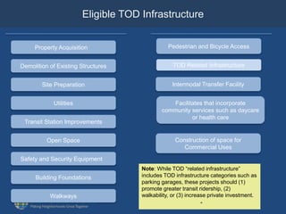Eligible TOD Infrastructure
19
Property Acquisition
Demolition of Existing Structures
Utilities
Transit Station Improvements
Safety and Security Equipment
Building Foundations
Site Preparation
Open Space
Walkways
Pedestrian and Bicycle Access
TOD Related Infrastructure
Intermodal Transfer Facility
Construction of space for
Commercial Uses
Facilitates that incorporate
community services such as daycare
or health care
Note: While TOD “related infrastructure”
includes TOD infrastructure categories such as
parking garages, these projects should (1)
promote greater transit ridership, (2)
walkability, or (3) increase private investment.
”
 