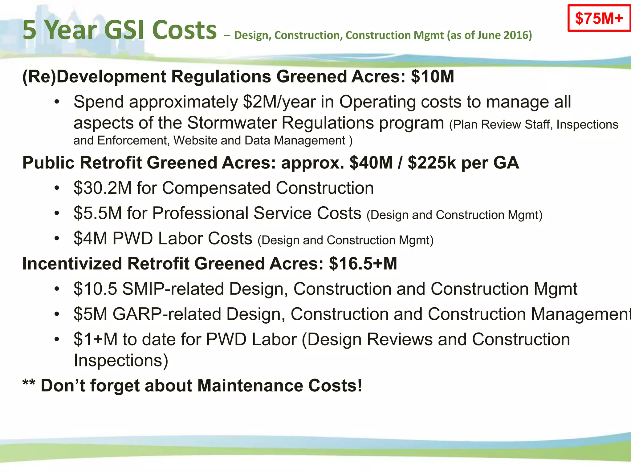 5 Year GSI Costs – Design, Construction, Construction Mgmt (as of June 2016)
(Re)Development Regulations Greened Acres: $10M
• Spend approximately $2M/year in Operating costs to manage all
aspects of the Stormwater Regulations program (Plan Review Staff, Inspections
and Enforcement, Website and Data Management )
Public Retrofit Greened Acres: approx. $40M / $225k per GA
• $30.2M for Compensated Construction
• $5.5M for Professional Service Costs (Design and Construction Mgmt)
• $4M PWD Labor Costs (Design and Construction Mgmt)
Incentivized Retrofit Greened Acres: $16.5+M
• $10.5 SMIP-related Design, Construction and Construction Mgmt
• $5M GARP-related Design, Construction and Construction Management
• $1+M to date for PWD Labor (Design Reviews and Construction
Inspections)
** Don’t forget about Maintenance Costs!
$75M+
 