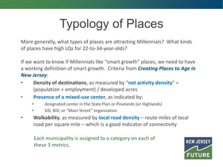 Typology of Places
More generally, what types of places are attracting Millennials? What kinds
of places have high LQs for 22-to-34-year-olds?
If we want to know if Millennials like “smart growth” places, we need to have
a working definition of smart growth. Criteria from Creating Places to Age in
New Jersey:
• Density of destinations, as measured by “net activity density” =
(population + employment) / developed acres
• Presence of a mixed-use center, as indicated by:
• designated center in the State Plan or Pinelands (or Highlands)
• SID, BID, or “Main Street” organization
• Walkability, as measured by local road density – route-miles of local
road per square mile – which is a good indicator of connectivity
Each municipality is assigned to a category on each of
these 3 metrics.
 