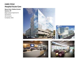 CARE CYCLE
Hospital Acute Care
Mount Sinai Medical Center,
Queens, NY
Major Campus Expansion &
Renovations
NK Architects
Completed: 2016
 