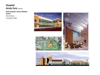 Hospital
Acute Care continued
Brick Hospital / Ocean Medical
Center
NK Architects
Completed: 2000
 