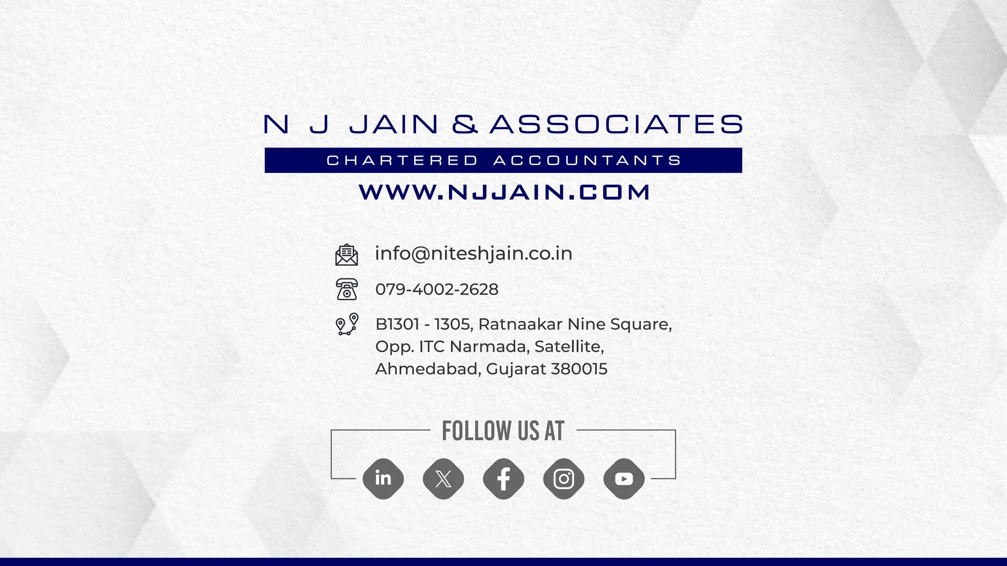 079-4002-2628
info@niteshjain.co.in
B1301 - 1305, Ratnaakar Nine Square,
Opp. ITC Narmada, Satellite,
Ahmedabad, Gujarat 380015
Follow Us At
 