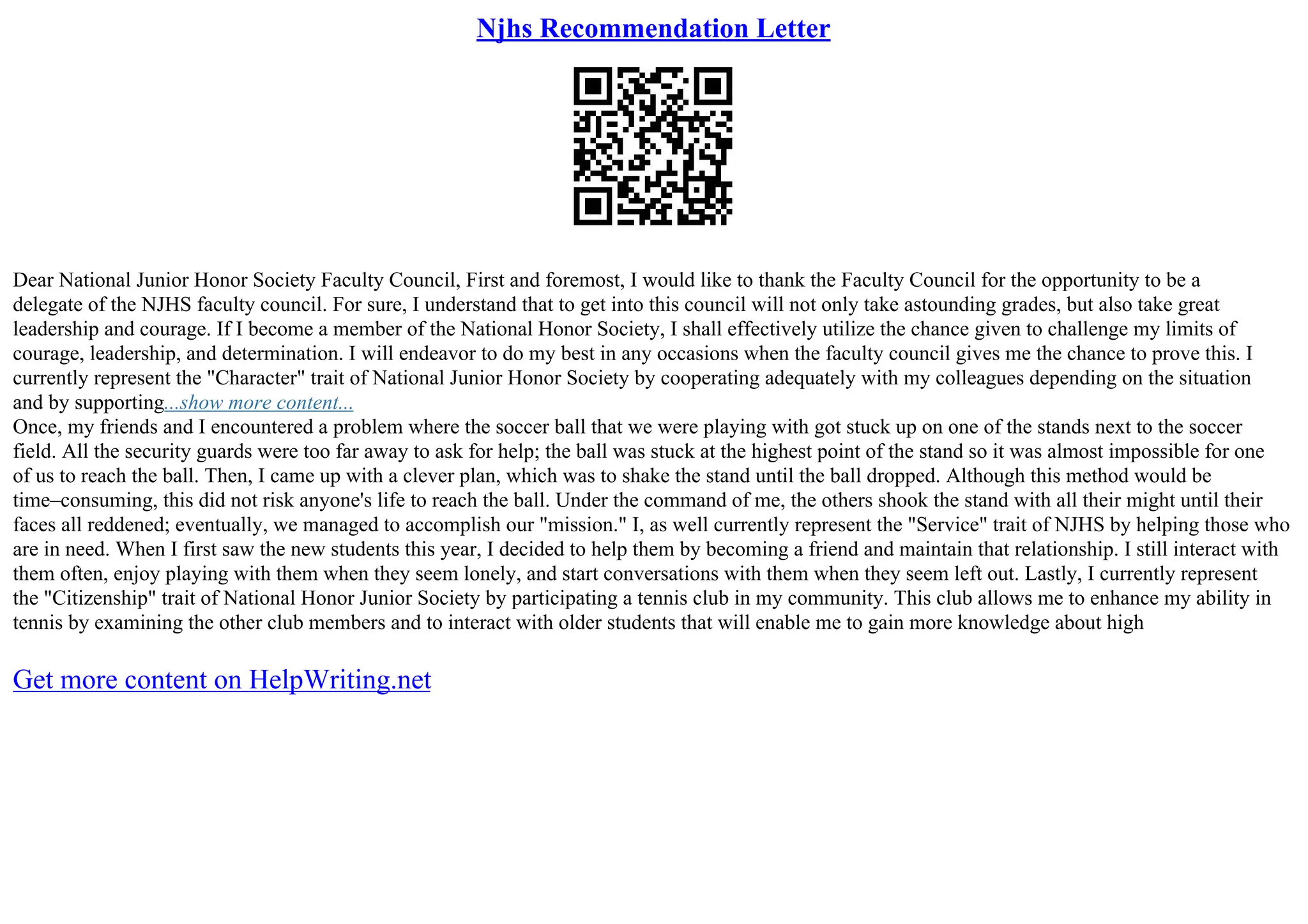 Examples Of Letters Of Recommendation For National Honor Society