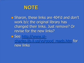 Blogs!
• 100 Scope Notes, http://100scopenotes.com/
• Guys Lit Wire,
  http://guyslitwire.blogspot.com/
• The Book Smugglers,
  http://thebooksmugglers.com/
• STACKED, http://www.stackedbooks.org/
 
